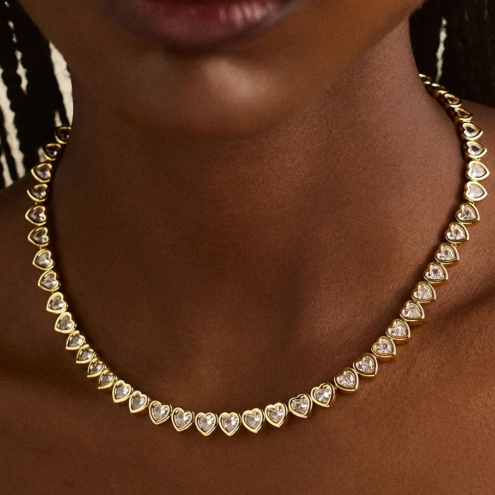 Stylish And Elegant 18K Gold Plated Heart Tennis Necklace